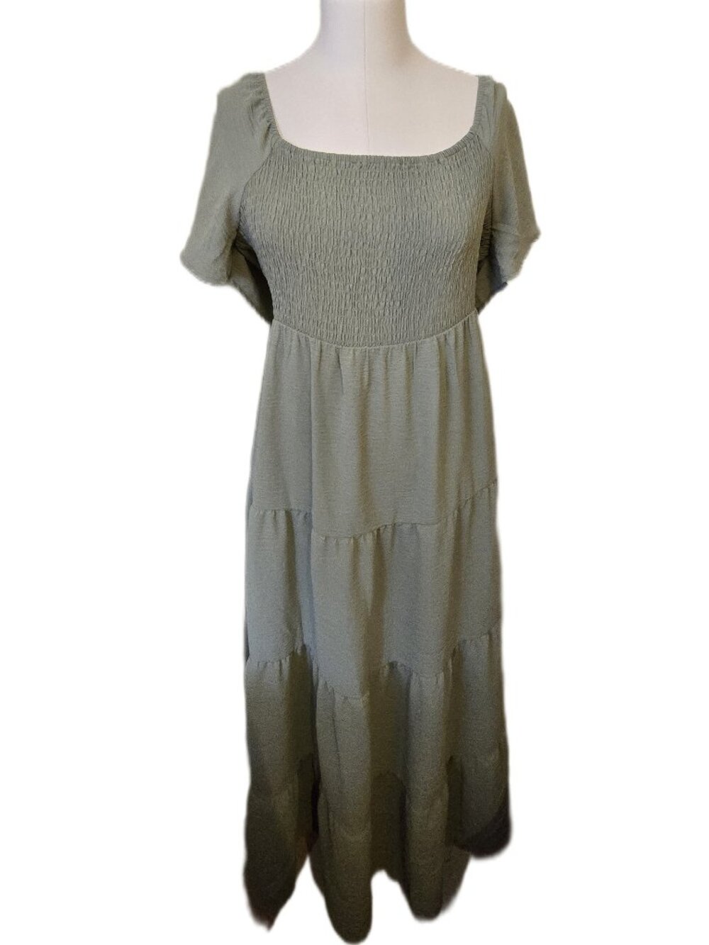 NWOT Sage Green Smocked Bodice Tiered Maxi Dress Cottagecore Prairie Sundress XL